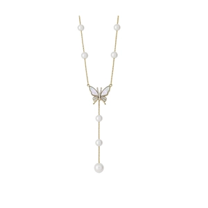 18K gold plated butterfly necklace with zircon and pearls on a minimalist white background.