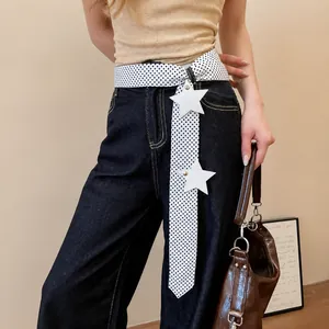Y2K millennium style silk polka dot belt featuring white pentagram star accents for women