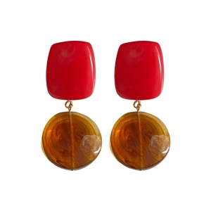 Vintage geometric resin earrings with red square and amber marble circle drops