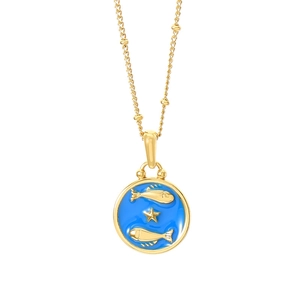 Pisces zodiac sign necklace featuring a blue enamel round pendant on a gold plated chain