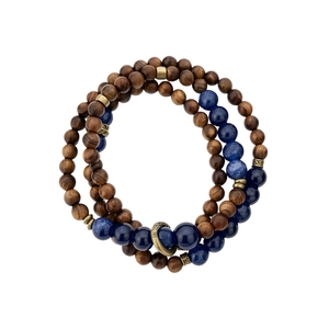 Vintage ethnic style bracelet with brown wooden beads and blue stone beads layered design