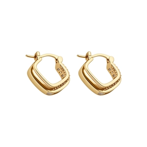 French style geometric gold hoop earrings with zircon stones on white background