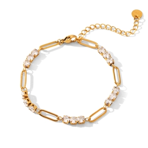 Detailopname van een elegante goudkleurige roestvrijstalen armband met zirkonia-schakels