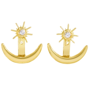 Detailed view of gold-plated star and moon stud earrings featuring sparkling rhinestones