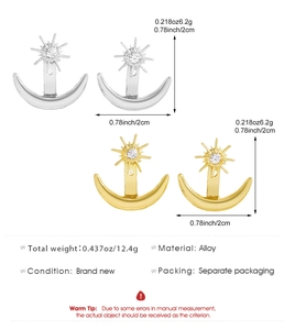 Detailed size and weight dimensions for gold and silver sun and moon stud earrings