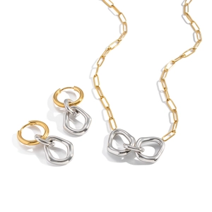 Bi-color geometric ring pendant necklace and earring jewelry set on white background