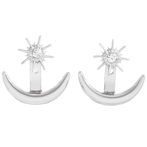 Elegant silver star and crescent moon stud earrings with sparkling rhinestones for women