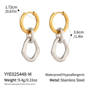 Two-tone minimalist stainless steel drop earrings with detailed size and weight specs.