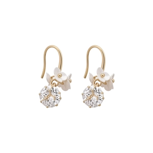 Elegant French style gold-plated hook earrings with white flower charms and sparkling zircons
