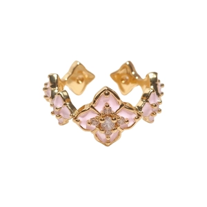 Elegant 18K gold plated zircon flower adjustable open ring with pink enamel details