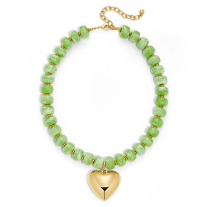 Summer Beach Style Big Heart Pendant Acrylic Necklace Marble Texture Barrel Beaded Choker For Women Vacation Fashion Jewelry