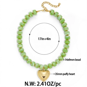 Green beaded necklace with large gold heart pendant, 17in+4in length, 2.41OZ/pc.