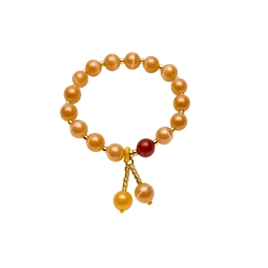 Elegante bracciale minimalista di perline in occhio di gatto ambra con perla d'accento rossa
