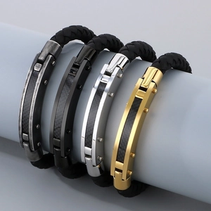 Men's carbon fiber woven leather bracelets in gold, silver, and black finishes