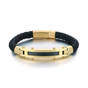 Men's braided leather bracelet with gold stainless steel and carbon fiber inlay.