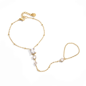 Pulsera de mano en acero inoxidable dorado con brillantes cristales blancos para mujer