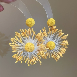 Vibrant yellow woven flower drop earrings for a bohemian and elegant summer style.
