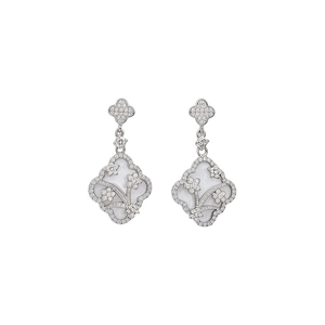 Elegant silver floral earrings with white mother of pearl and brilliant cubic zirconia