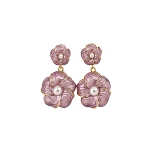 Elegante lila Emaille-Blumen-Ohrhänger im französischen Stil mit weißen Perlen und Gold