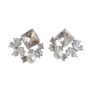 Elegant silver needle stud earrings with butterfly zircon rhombus crystal and pearl