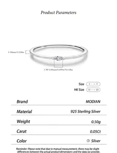 Technical specifications for minimal S925 sterling silver moissanite ring details
