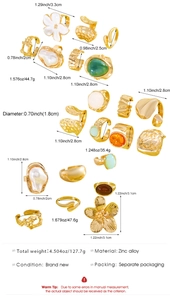 Detailed view of vintage gold alloy ring set featuring dimensions and material specs