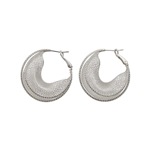 Elegant silver moon boat mesh hoop earrings with sparkling crystal accents