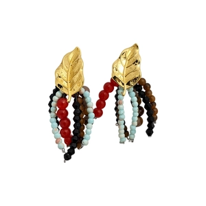 Retro golden leaf stud earrings with colorful glass and wooden bead tassels for chic women