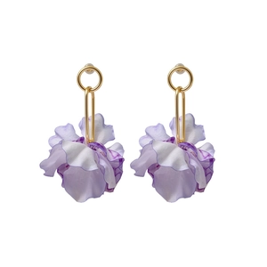 Elegant purple fabric flower earrings with gold geometric hoops for vacation style