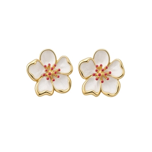 Elegant white enamel flower stud earrings with golden edges and red stamens for women