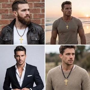Collage of men wearing polished stainless steel cross pendants in various style settings