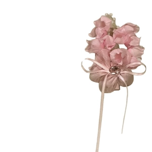 Elegant pink handmade floral hair clip accessory with long silk ribbons and a pink gemstone