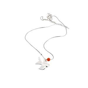 Minimalist silver swallow bird necklace with a small red bead pendant for women