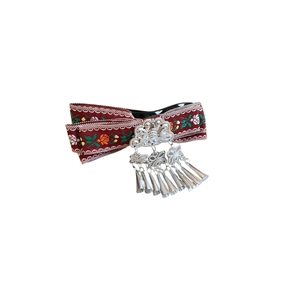 Vintage Bohemian ribbon hair clip with ethnic embroidery and silver tassels.