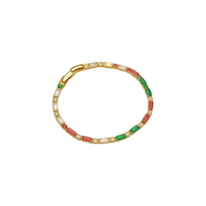 Elegantes goldfarbenes Armband mit lebhaften, bunten Zirkonsteinen im Baguette-Schliff