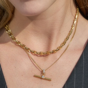 Women Stainless Steel T-Bar Pendant Necklace Gold Plated NK Chain With White Rhinestone Classic Western Fashion Jewelry