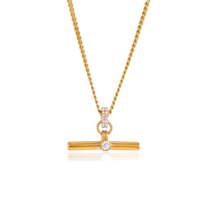 Elegant gold stainless steel T-bar pendant necklace with white rhinestones for women.