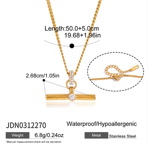 Gold stainless steel T-bar necklace for women with crystal detail and measurements.