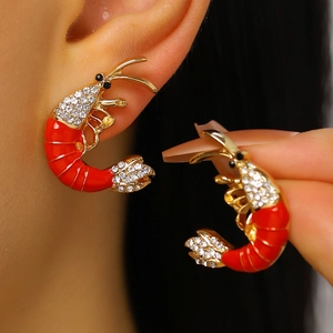 Golden lobster drop earrings with red enamel and crystals, ocean style beach jewelry