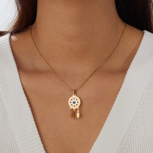 Collana in acciaio inossidabile placcato oro con pendente acchiappasogni e malocchio