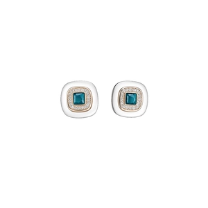 Geometric teal zircon stud earrings with white enamel border and 18k gold plating
