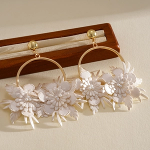 Detailed view of elegant white leather flower hoop earrings with faux pearl accents.