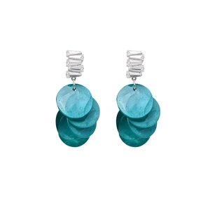 Elegant geometric teal shell tassel earrings with baguette-cut zircon stud accents