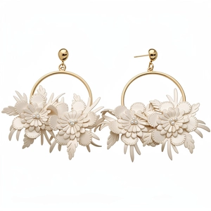 Elegant white leather flower hoop earrings with gold-tone accents and pearl centers
