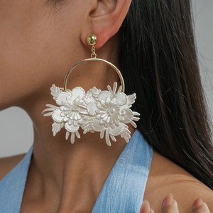 Detailed view of elegant white leather flower hoop earrings worn on a female ear profile