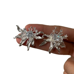 Elegant silver-tone 3D flower stud earrings with sparkling cubic zirconia crystals for women