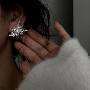 Detailed view of luxury silver floral stud earrings with sparkling zircons.