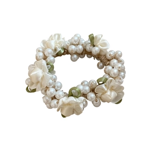 Sweet faux pearl and ribbon flower hair tie for women in elegant forest style design