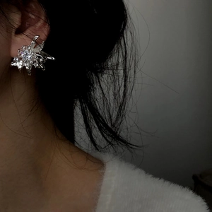 Detailed view of silver flower-shaped stud earring with zircon on ear