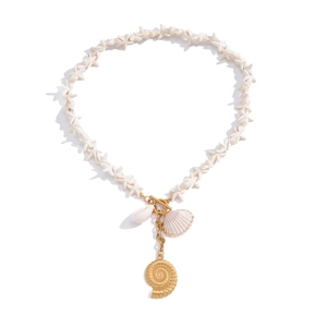 Bohemian white starfish bead necklace featuring shell charms and a gold nautilus